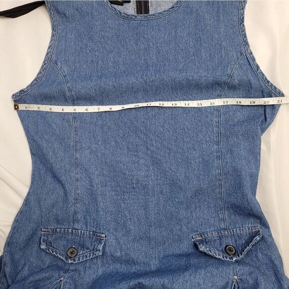 VINTAGE 90s denim pinafore dress pleated sleeveless kidcore L - Picture 7 of 9